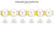 Six step infographic with white circular elements on a yellow striped background, showing a process from plan to success.