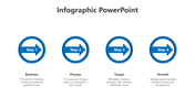 Blue themed infographic with four numbered arrows inside circles, illustrating sequential steps.