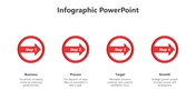 Four step infographic with red circular arrows labeled 1 to 4, each representing business growth stages.