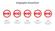 Infographic PowerPoint slide showing five red steps, with descriptions for business, process, target, growth, and profit.