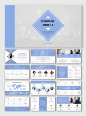Business profile deck with blue design, highlighting company mission, history, services, team members, and global footprint.