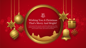Holiday themed Christmas PowerPoint design with red background, golden decorations, and a joyful greeting.