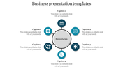 Circular layout with a central business node, six blue icons radiating outwards, and captions around it.
