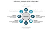 Business presentation slide with eight sections around a central circle, each featuring an icon and caption.