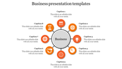 Business-themed circular infographic with eight sections, each featuring an orange icon like a gear, target, and clock.