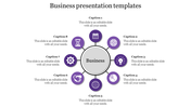 Circular layout with eight purple icons evenly distributed around a central business circle, each with a caption.