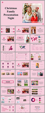 A festive Christmas family slides showcasing memories, family vacations, and predictions for the future on a pink backdrop.
