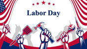 Labor day slides with historical facts, labor movement imagery, and charts highlighting key statistics and activities.