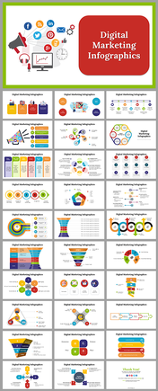 Collection of colorful digital marketing infographic templates highlighting different concepts and metrics in marketing.