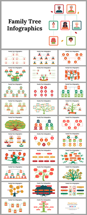 Slide deck featuring family tree visuals in flat and tree-shaped formats with avatars, lines, and relationship labels.