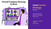 Purple themed virtual meeting on a computer screen with six participants, a person seated at a desk, and text on the right.