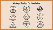Vintage medical research badges, each featuring different medical symbols like syringes, stethoscopes, and a first aid kit.