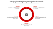 Slide design with a five part circular chart in red tones, featuring a team icon in the center and text around it.