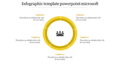 Circular infographic with a segmented yellow ring surrounding a central team icon, with five caption areas placed around it.