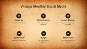 A vintage themed layout slide for a social media strategy with sections for About Us to KPI Overview.