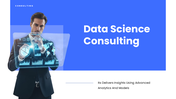 Data Science Consulting presentation with analyst, blue layout, dashboard visuals, charts, and clean text blocks.