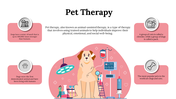 Pet therapy concept slide with a dog and facts about animals, highlighting the social benefits on a pink backdrop.