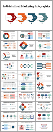 Grid of marketing infographics featuring various layouts with colorful arrows, circles, and data visualizations.