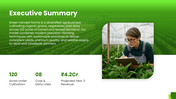 Agriculture Business Plan with green accents, farm photos, tractor image, rounded shapes, charts and financial layouts. - slide 2