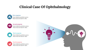 Illustration depicting a patient's head with light symbols, outlining four key symptoms of the ophthalmological condition.