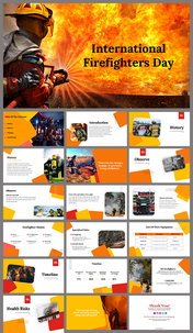 International firefighters day slides featuring a firefighter battling flames with bold text overlay and various topics.