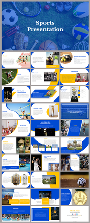 Slide deck with blue and yellow accents, featuring sections on various sports, history, trophies, and the FIFA World cup.