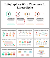 Slide deck featuring linear style timelines, using vibrant colors and circular shapes to display sequential steps.