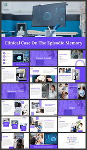 Slide deck on clinical case about episodic memory, with purple accents and sections on patient details and laboratory tests.