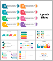 Agenda slides with different layouts, featuring numbered sections and arrows for visually engaging presentation flow.