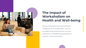 Exploring the physical and mental health effects of workaholism with an image of four individuals working on a white theme.
