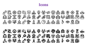 A collection of various black icons representing business, finance, security, team collaboration, and technology.