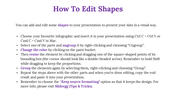 Instructions for editing shapes in a PowerPoint presentation, including steps to ungroup, resize, and change colors.