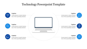 Digital technology template displaying a laptop at the center, connected to six functional icons representing tech features.