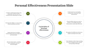 A diagram illustrating the 8 principles of personal effectiveness, with steps connected from a center circle to text boxes.