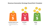 Horizontal layout with colorful money filled bags in orange, red, and green, representing revenue generation stages.