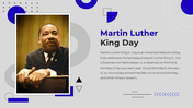 Photo of Martin Luther King Jr. alongside a description celebrating his birthday and civil rights contributions.