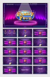 Family Feud PPT slides featuring rounds, questions, and interactive answer selections for a quiz game on a purple theme.
