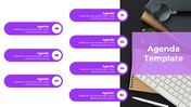 Agenda slide with seven purple bars containing text, each ending with a white circle, on a split white and dark background. 