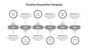 Gray timeline template featuring six circular icons with dotted connections, representing different milestones.