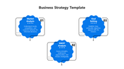 Three step business strategy template with blue cloud like shapes for market analysis, SWOT analysis, and goal setting.