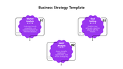 Three purple cloud shapes in a grid layout, each containing a step of the business strategy with black accents.