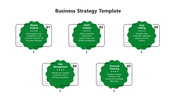 Green cloud shaped elements connected in a sequence, illustrating five key business strategy steps from market analysis.