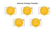 Five step business strategy layout with yellow cloud like shapes and descriptive text on a white background.