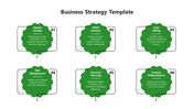 Infographic of six green cloud designs, connected by thin black lines, showing business strategy steps.