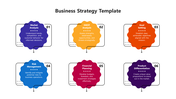 Colorful six step business strategy layout with circular wavy shapes, numbered 01 to 06, and each with text.