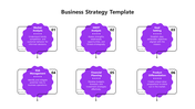 Purple cloud shaped elements connected in a sequence, illustrating six key business strategy steps from market analysis.
