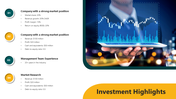 Investment highlights slide featuring data on company market position, management experience, and financial metrics.
