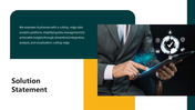 Solution statement slide depicting person using tablet with digital data visualization and icons on a white and green theme.