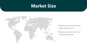Map showing global market size with highlighted locations in North America, South America, Africa, and Oceania with text.