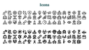 A collection of black and white icons representing various business and technology related concepts on a white backdrop.